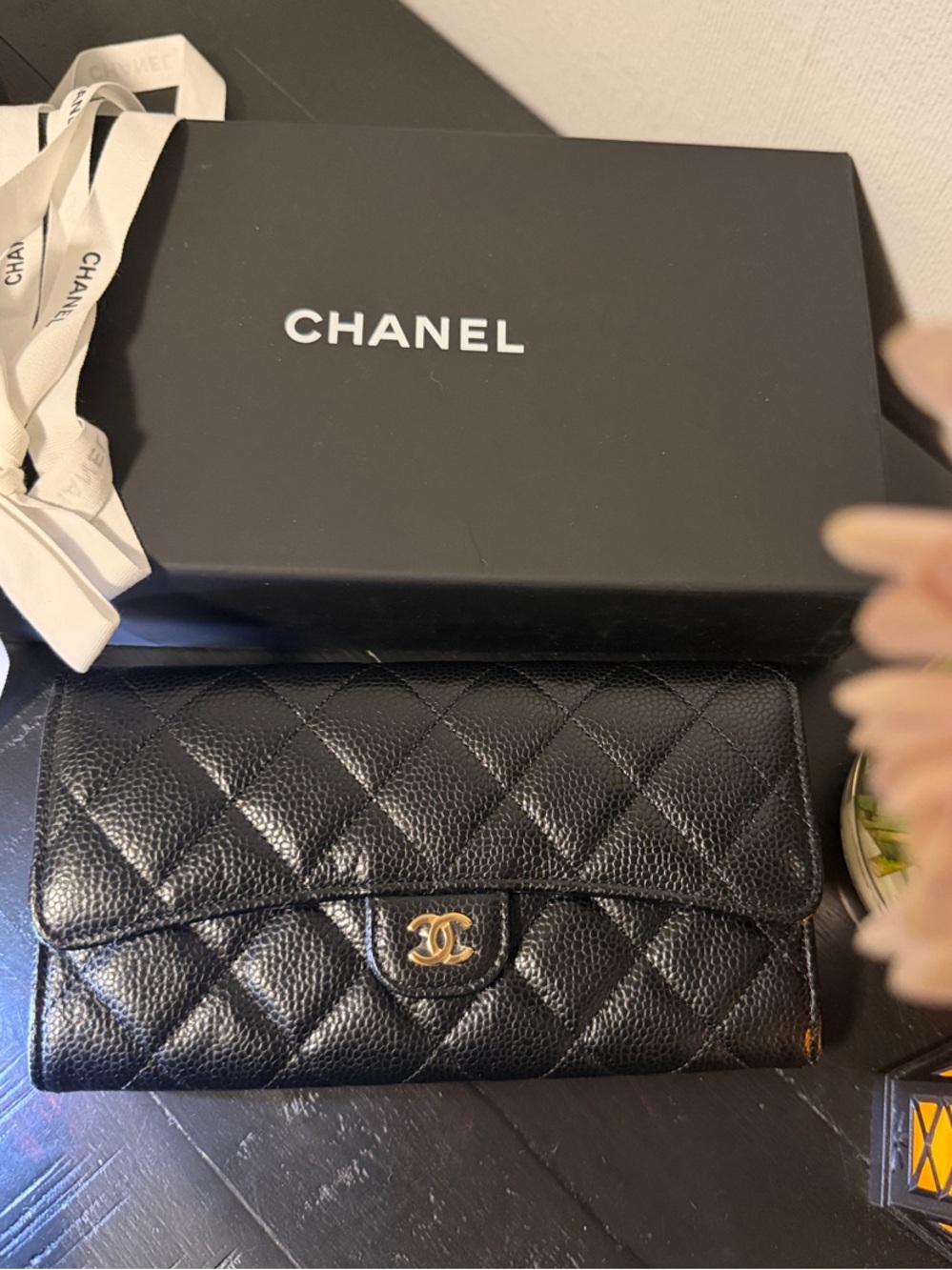 CHANEL Classic Black Quilted Caviar Leather Long Flap Wallet with Gold CC